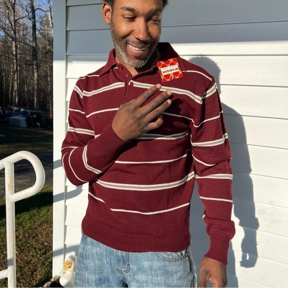 NWT Vintage deadstock burgundy striped collared acrylic sweater retro throwback - Picture 1 of 15